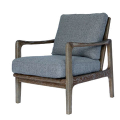Estrid Accent Armchair featuring solid oak frame, bouclé-style grey fabric with silk underlay, angled ladder-back design, and 4.2 layers of foam for modern comfort and elegance.