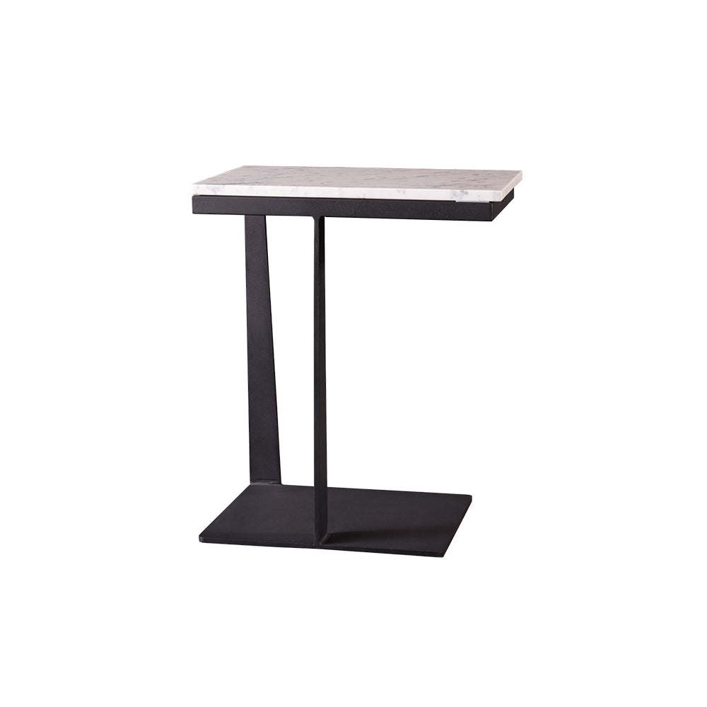 The Fitz Side Table featuring a smooth Yugoslav white natural stone tabletop paired with a sleek carbon steel frame foot.