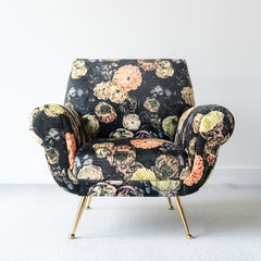 Floral velvet armchair with botanical pattern optimal for modern living room
