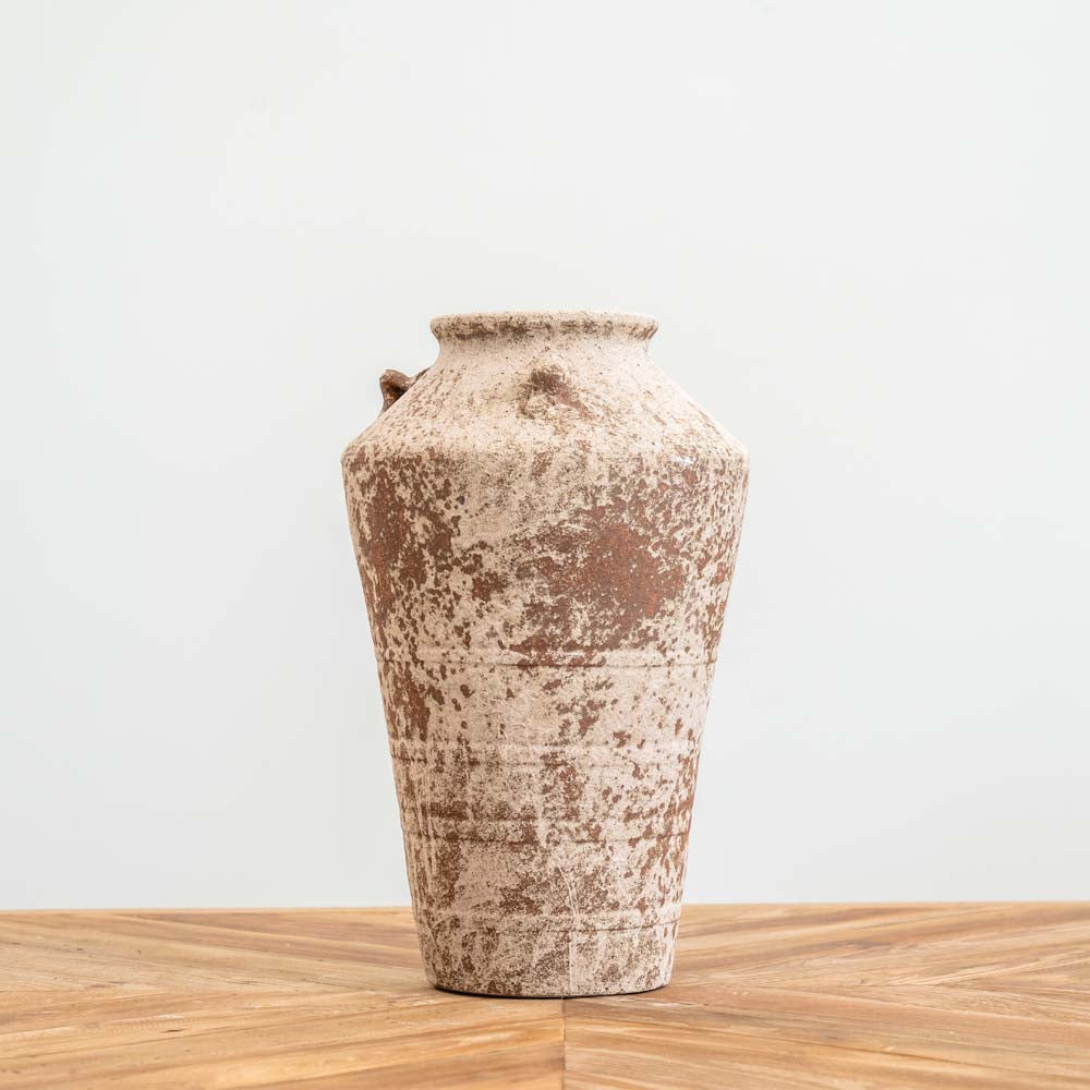 Grecian-style urn decorative ceramic pot with aged etched detailing, rustic texture, small handles, and a smoky glazed finish for stylish home décor.