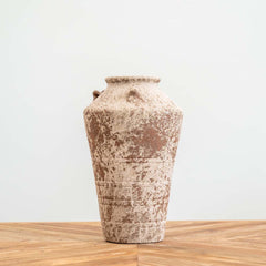 Grecian-style urn decorative ceramic pot with aged etched detailing, rustic texture, small handles, and a smoky glazed finish for stylish home décor.