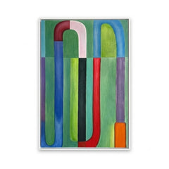 An abstract geometric art print featuring bold, colorful vertical and curved shapes in green, blue, red, purple, black, orange, and pink, presented on a clean white background.