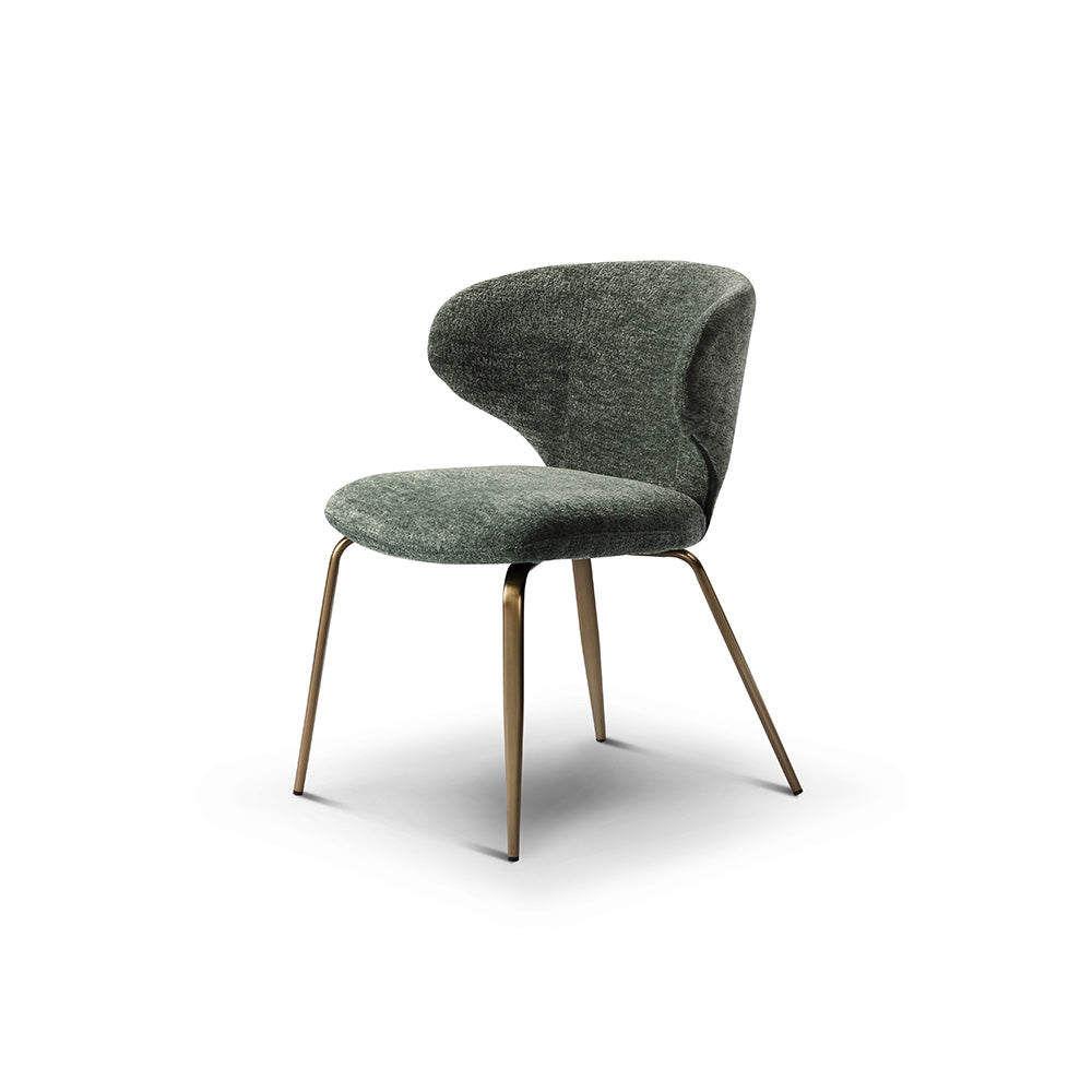 Contemporary green accent chair upholstered in fabric with slim brass legs, versatile for dining rooms, offices, or living spaces.