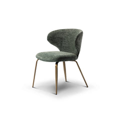 Contemporary green accent chair upholstered in fabric with slim brass legs, versatile for dining rooms, offices, or living spaces.