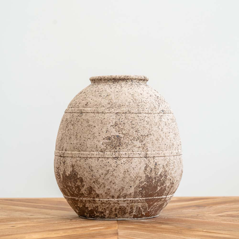 Handcrafted decorative pot with aged etched details, rough rustic texture, and a smoky glazed finish, perfect for earthy and modern rustic home décor.