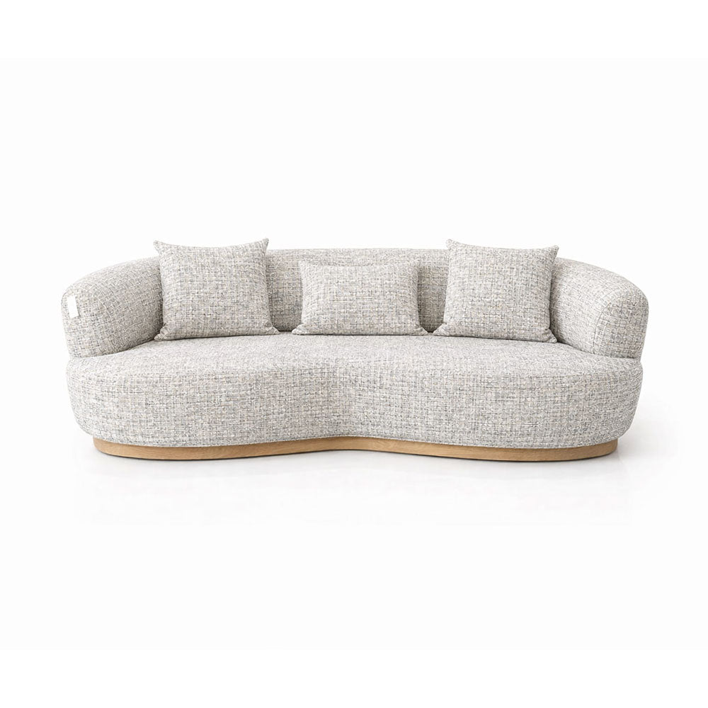 Contemporary curved 3 seater sofa in grey textured upholstery, designed with rounded lines and plush comfort to enhance modern lounge and open-plan interiors.