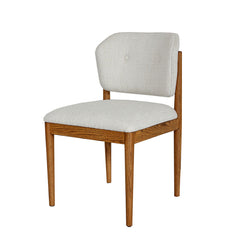 Hilda Dining Chair featuring oat-colored textured cotton-polyester upholstery, curved foam-filled backrest, and solid whitewashed oak frame, offering classic comfort and elegance.