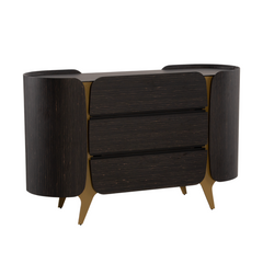Sculptural buffet cabinet in rich dark wood veneer with brass-toned legs and curved sides, offering modern storage with a luxurious finish.
