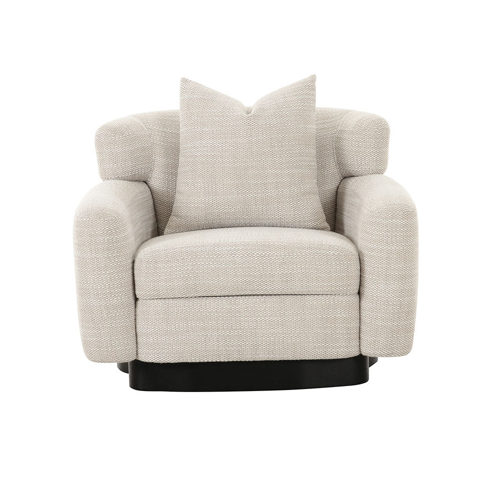 Contemporary armchair with smooth side curves, slit-level back, and integrated armrests, upholstered in premium woven fabric for stylish comfort.