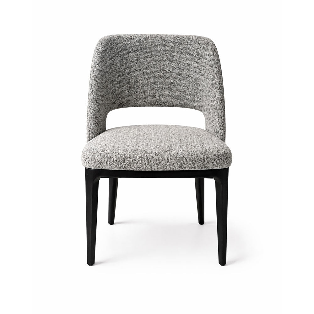 Elegant dining chair featuring a square back design, grey woven upholstery, and sturdy dark timber legs, perfect for modern and traditional interiors.