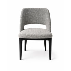 Elegant dining chair featuring a square back design, grey woven upholstery, and sturdy dark timber legs, perfect for modern and traditional interiors.