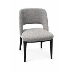 Classic dining chair with traditional square back, slightly rounded edges, and subtle backrest opening, upholstered in soft grey fabric with dark legs.