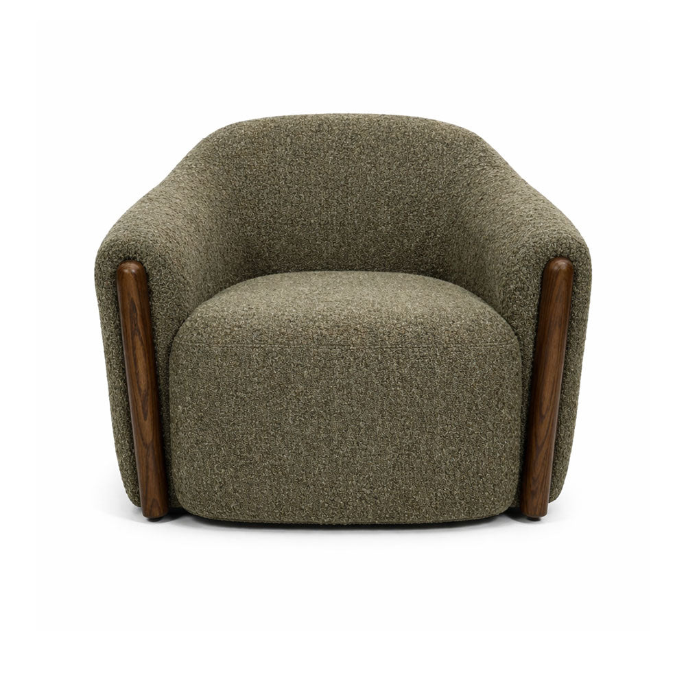 Modern round armchair upholstered in olive green bouclé fabric, featuring walnut-coloured timber accents on the armrests for a stylish, contemporary look.