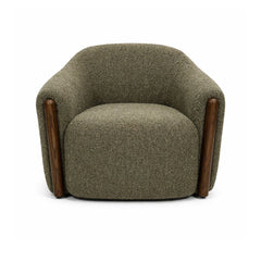 Modern round armchair upholstered in olive green bouclé fabric, featuring walnut-coloured timber accents on the armrests for a stylish, contemporary look.