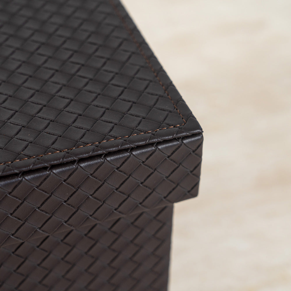 Textured woven storage box ideal for organizing accessories, desk items, or décor