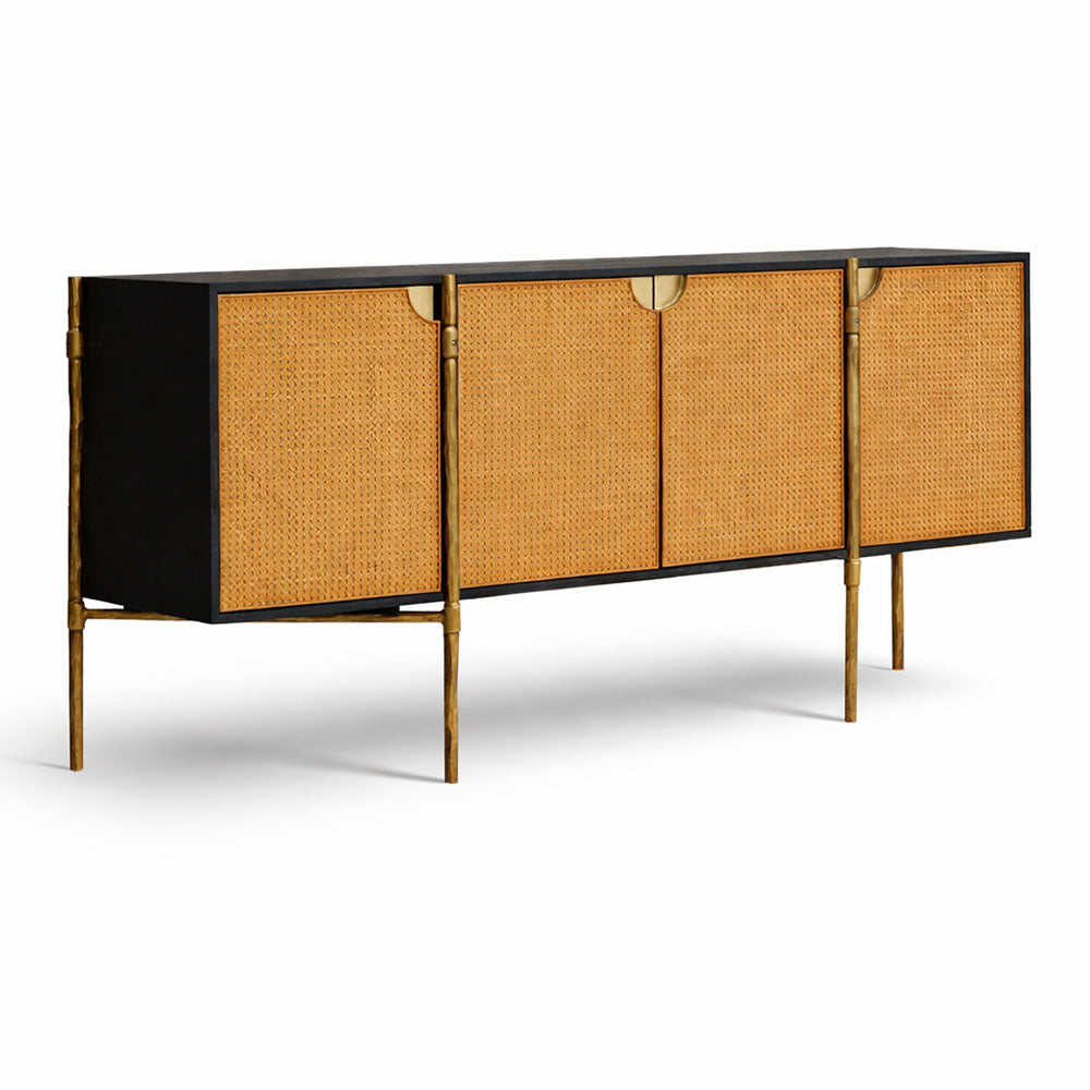Modern buffet cabinet with black finish, natural rattan panels and brass metal legs.