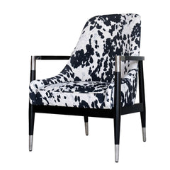 Jona Accent Chair featuring walnut rubberwood frame, gold-capped legs, and black animal print polyester upholstery, offering unique, stylish, and luxurious seating.