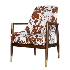 Jona Accent Chair featuring walnut rubberwood frame, gold-capped legs, and brown animal print polyester upholstery, offering unique, stylish, and luxurious seating.
