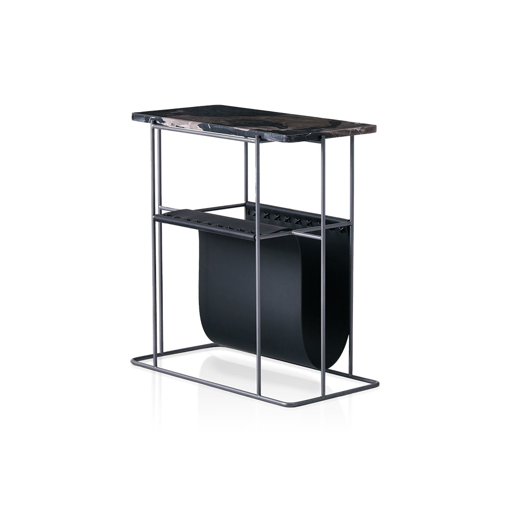 The Julius Side Table featuring a sleek Black Rose natural stone tabletop paired with a spray gray titanium carbon steel frame.