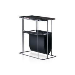 The Julius Side Table featuring a sleek Black Rose natural stone tabletop paired with a spray gray titanium carbon steel frame.