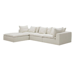 Close-up of the Kali Sofa’s sumptuous duck feather cushions and soft woven upholstery, showcasing the rich texture and luxurious comfort of the design.