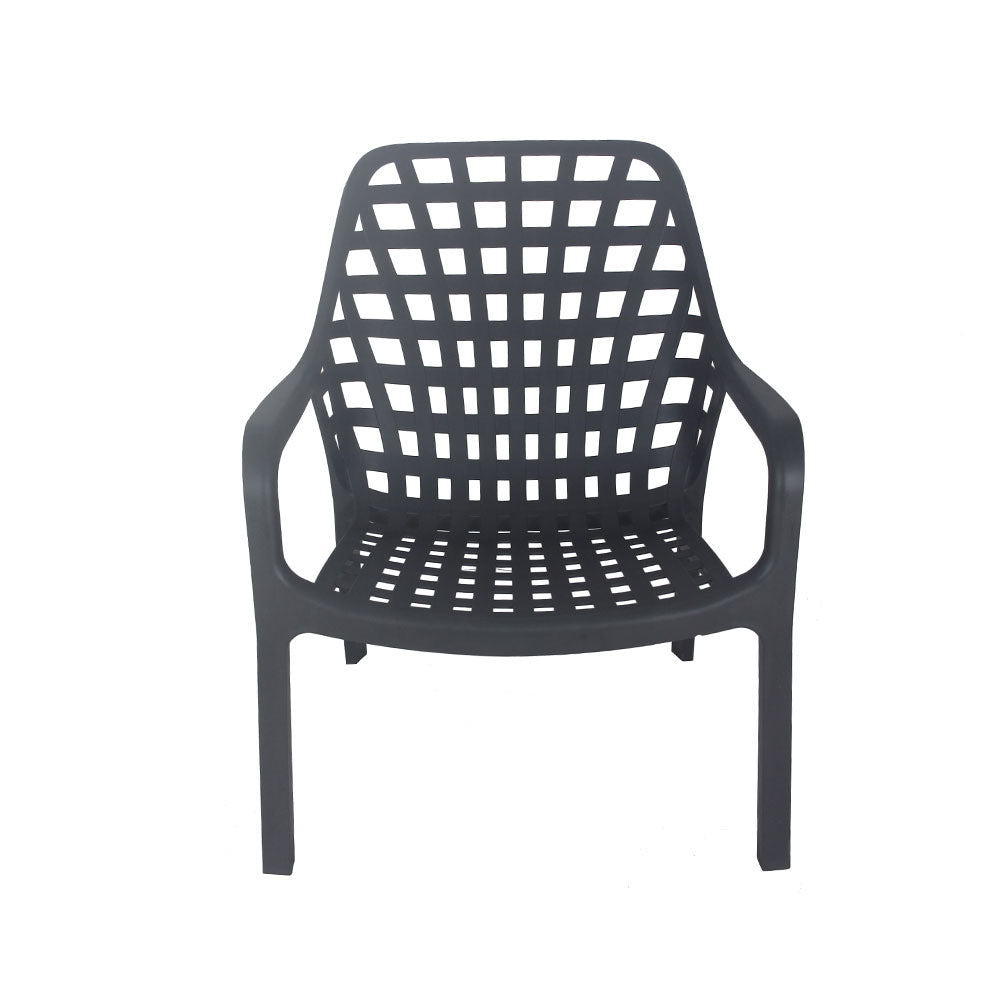 Klara Outdoor Chair in grey featuring weatherproof and UV-resistant plastic, lattice-style design for water drainage, durable and modern seating for patios, gardens, or poolside areas.