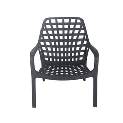 Klara Outdoor Chair in grey featuring weatherproof and UV-resistant plastic, lattice-style design for water drainage, durable and modern seating for patios, gardens, or poolside areas.