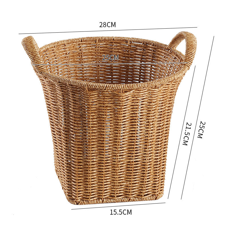 Medium convex plastic rattan-style storage basket with handles, ideal for storing small household essentials with elegance and style.