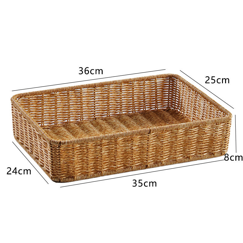 Large rectangular plastic rattan storage basket, durable and stylish, ideal for pantry storage, accessories, or decorative accents.