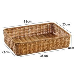 Large rectangular plastic rattan storage basket, durable and stylish, ideal for pantry storage, accessories, or decorative accents.