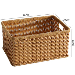 Large rectangular plastic rattan storage basket with sturdy handles, ideal for toiletries, accessories, or small household items.