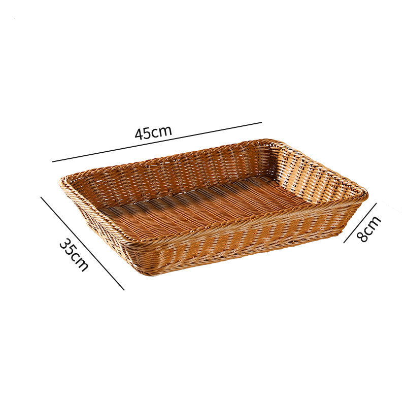 Large shallow rectangular plastic rattan storage basket, perfect for storing household essentials with elegance and practicality.