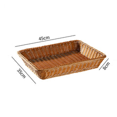 Large shallow rectangular plastic rattan storage basket, perfect for storing household essentials with elegance and practicality.