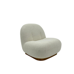 Modern white boucl?? accent chair with curved silhouette and low-profile design, ideal for contemporary living rooms or stylish bedrooms.