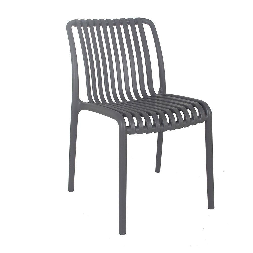 Liv Outdoor Chair in grey featuring UV-resistant, weatherproof plastic construction, stackable design for easy storage, and comfortable, durable seating for patios, gardens, and balconies.