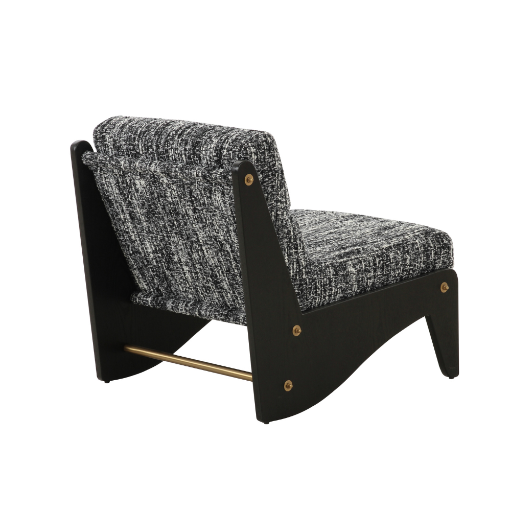 Designer Lyob accent chair in green fabric with contemporary dark wood frame, blending comfort and modern style.

