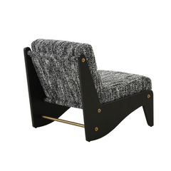 Designer Lyob accent chair in green fabric with contemporary dark wood frame, blending comfort and modern style.

