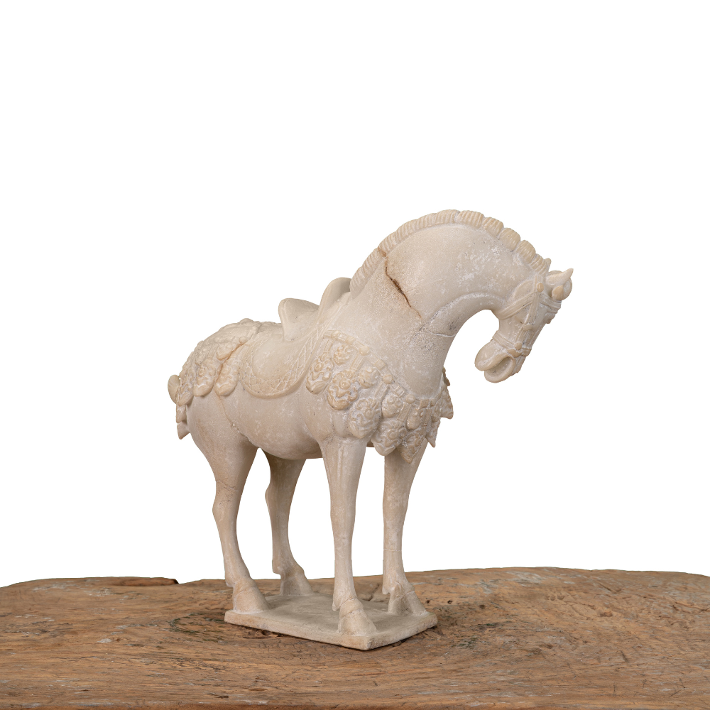 Classic white horse sculpture in resin with graceful presence