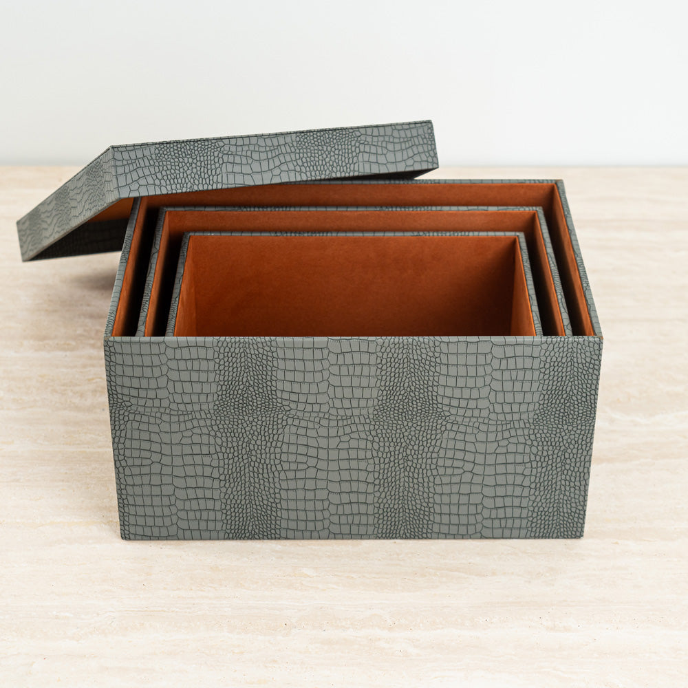 Croc-textured keepsake box with bright orange velvet lining for stylish home storage