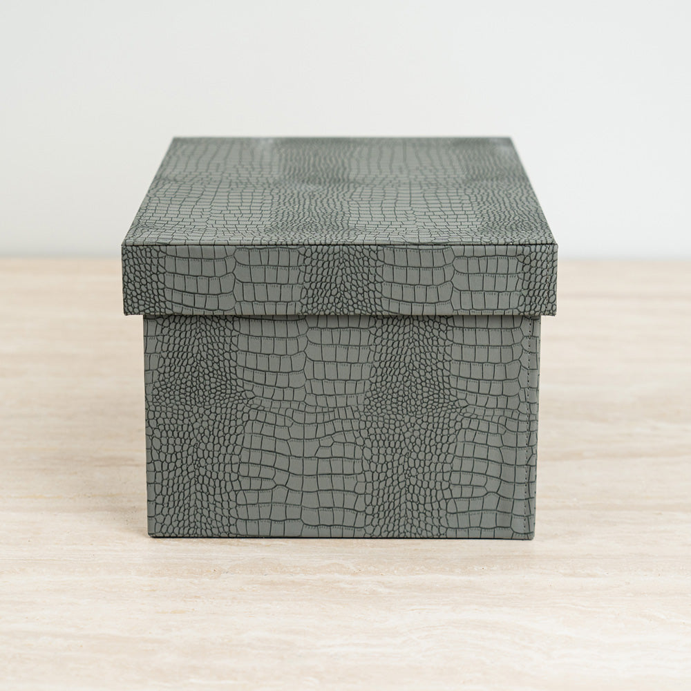 Display box with a dusty blue crocodile pattern and soft orange velvet interior.