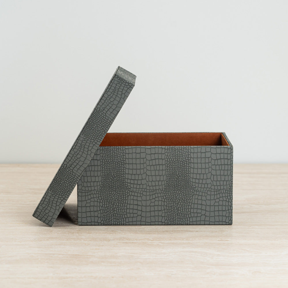 Luxury home accent storage box that combines crocodile pattern with plush velvet lining