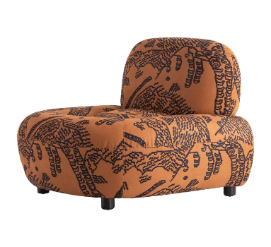 Designer accent chair with unique printed cotton linen upholstery, high-density foam seat, and larch wood frame for modern interiors.