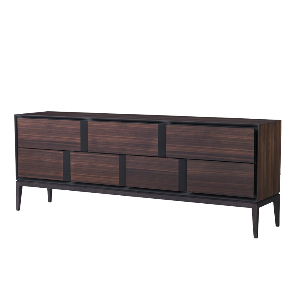 Massa Sideboard in premium elm wood with stainless steel accents, featuring seven drawers for modern dining room storage.