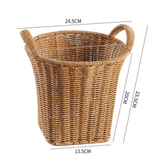Medium convex plastic rattan-style storage basket with handles, ideal for storing small household essentials with elegance and style.
