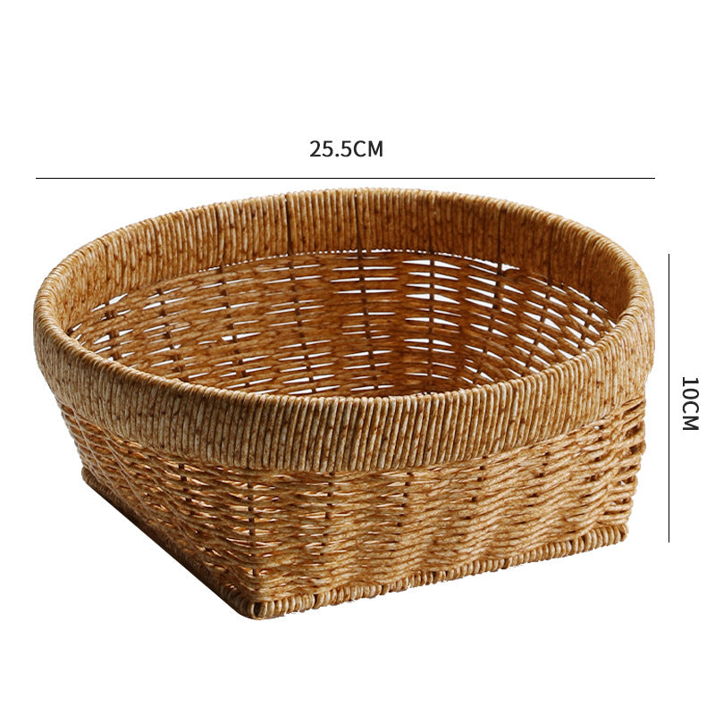 Medium round woven-style storage basket with thick border and tapered square base, perfect for organizing kitchen items, toiletries, or accessories.