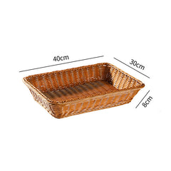 Medium shallow rectangular plastic rattan storage basket, versatile and stylish for home organization and décor.