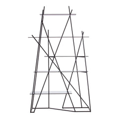 Modern Melzo Bookshelf featuring tempered black glass shelves and matte black carbon steel frame, combining sleek design, durability, and a statement-making look for contemporary living rooms, home offices, or study areas.