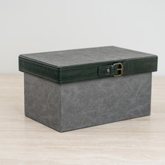 Two-tone storage organizer blending dark grey and green for a refined modern look.