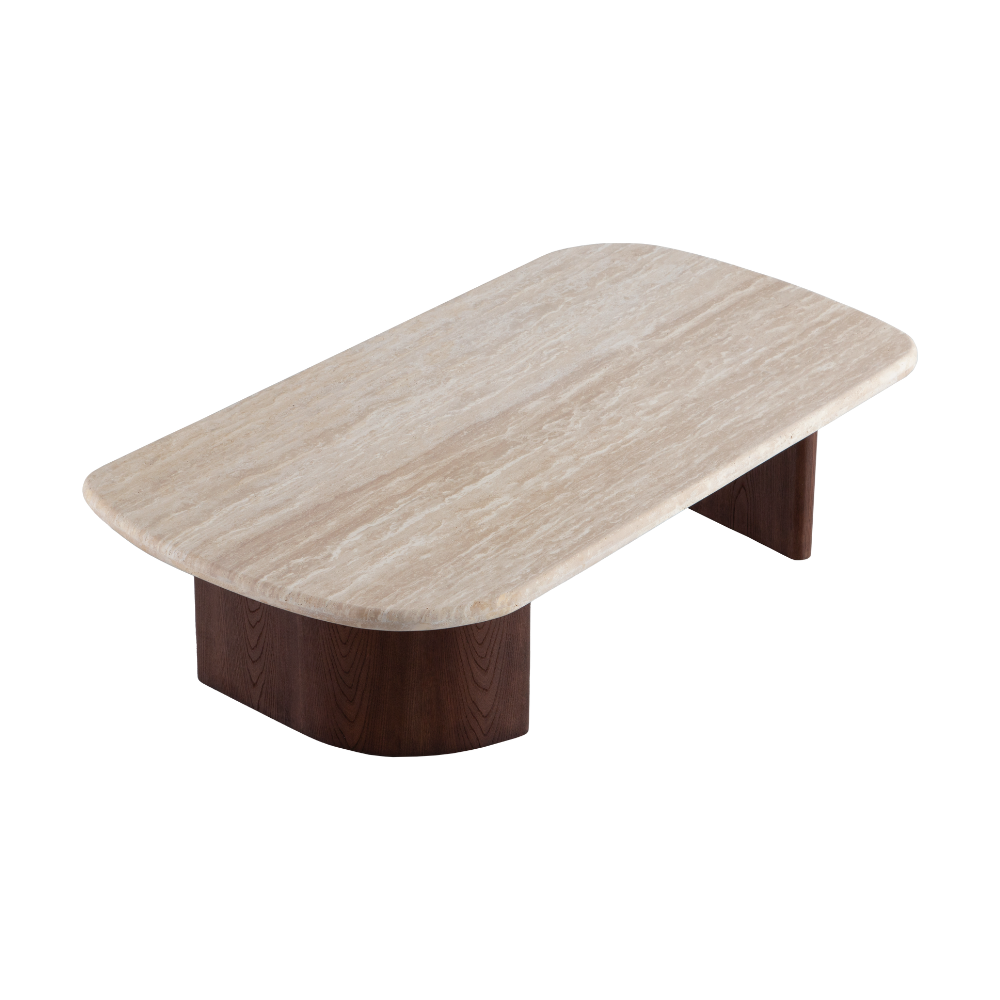 Walter coffee table featuring a light travertine surface and rounded edges paired with sculptural wood bases.
