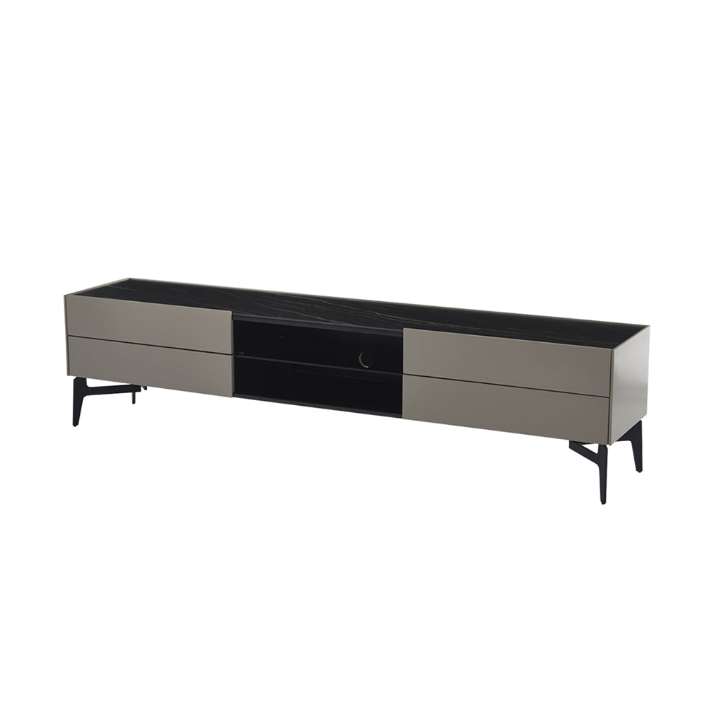 The Sylvie TV Unit featuring a baked silver grey finish and a durable Salolan sintered stone surface, perfect for luxury modern interiors.